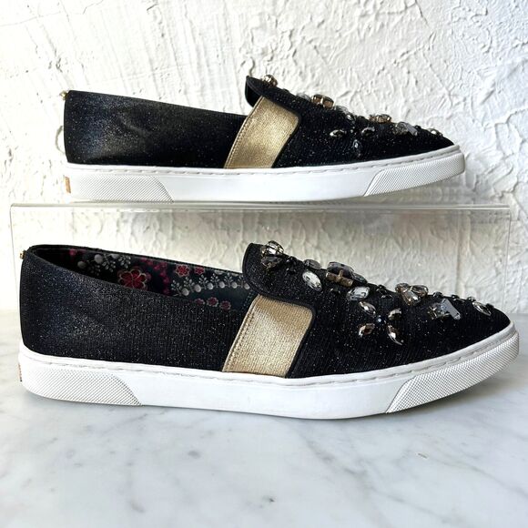 Ted Baker Loafers Black Rhinestone Gold Metallic Pointed Toe - Women's Size 9/40 - Picture 1 of 8